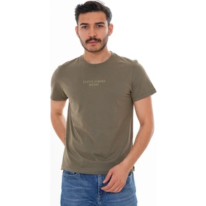 Basics & More Erkek  Pamuklu Haki Nakış Detaylı Bisiklet Yaka Tişört