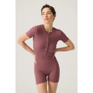 Los Ojos Bordo Fitilli Kısa Kollu Kısa Tulum Short Romper