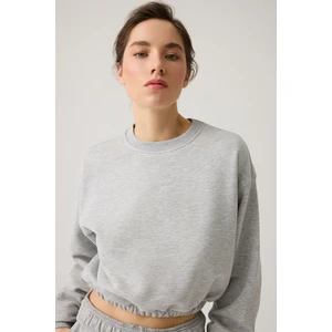 Los Ojos Gri Melanj Geniş Kalıp Beli Büzgülü Crop Sweatshirt Cropped Pullover