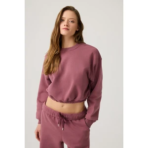 Los Ojos Bordo Geniş Kalıp Beli Büzgülü Crop Sweatshirt Cropped Pullover