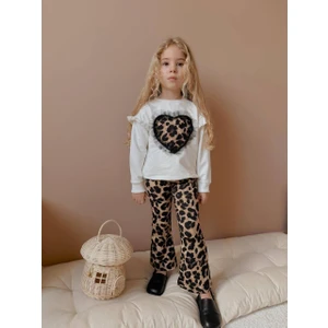 Leopar Taytlı Ispanyol Paça Kız Çocuk Alt Üst Takım 2556 Beyaz