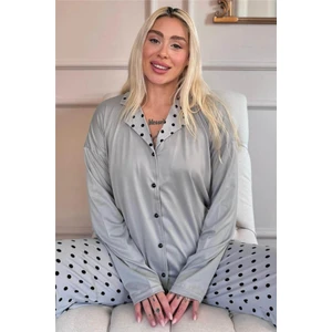 Pijama Evi Gri Points Desenli Bambu Önden Düğmeli Uzun Kol Kadın Pijama Takımı