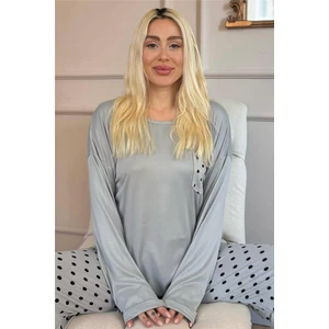Gri Puan Desenli Bambu Uzun Kol Kadın Pijama Takımı