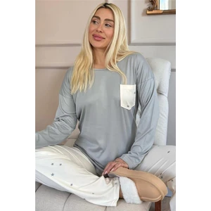 Krem Yıldız Desenli Bambu Uzun Kol Kadın Pijama Takımı