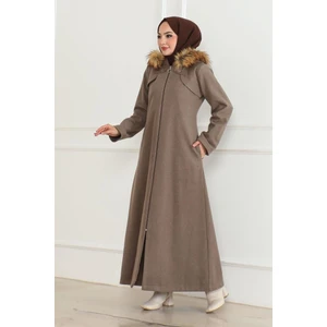 Orchid Style kapüşonu Kürklü Kaşe Kaban