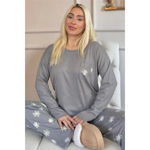 Gri Papatya Desenli Bambu Uzun Kol Kadın Pijama Takımı