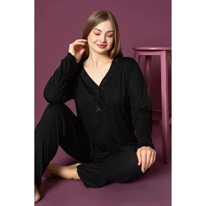 Kadın Siyah Büyük Beden Desenli Yakası Düğmeli Uzun Kollu Bambu Pijama Takımı