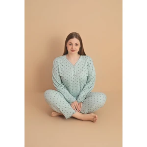 Kadın Büyük Beden Desenli Yakası Düğmeli Uzun Kollu Bambu Pijama Takımı
