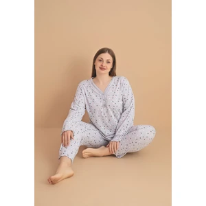 Kadın Büyük Beden Desenli Yakası Düğmeli Uzun Kollu Bambu Pijama Takımı