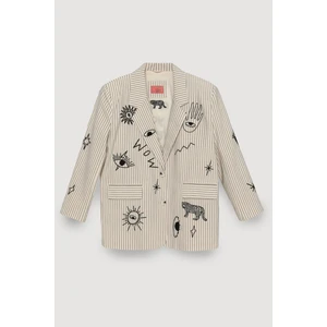 Çizgili Nakışlı Kruvaze Yaka Blazer Ceket Bej