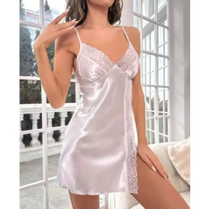 Intive Dantelli Saten Ince Askılı V Yaka Yandan Yırtmaçlı Mini Gecelik (441-459)