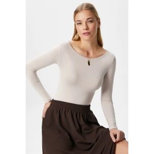 Kayık Yaka Uzun Kollu Bej Soft Top / Bluz