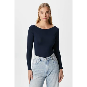 Kayık Yaka Uzun Kollu Lacivert Soft Top / Bluz