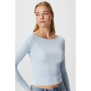 Kayık Yaka Uzun Kollu Açık Mavi Soft Top / Bluz