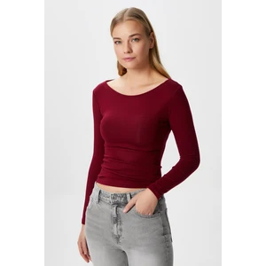 Kayık Yaka Uzun Kollu Bordo Soft Top / Bluz