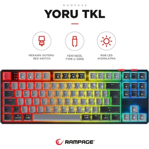 Yoru Tkl Gri/siyah Type-C Bağlantılı Outemu Red Swich Q Mekanik Gaming Oyuncu Klavye Rgb
