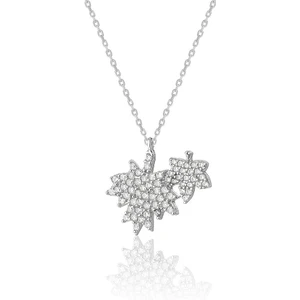 Zanaat Silver 925 Ayar Gümüş Çınar Yaprağı Kolye Yüzey Full Zirkon Taşlı Çift Yaprak Kolye Gümüş Renk Tek Ebat Beden