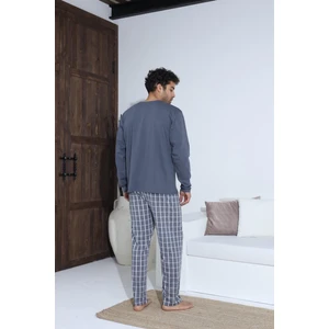 Uzun Kollu Düğmeli Ekose Desen Erkek Pijama Takımı
