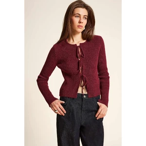 Regular Fit Bisiklet Yaka Bağlamalı Basic Düz Triko Bordo Hırka E6914AX25SP