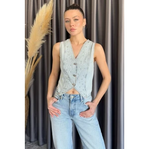 Kadın Taşlı Jean Kot Yelek