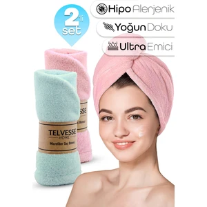 2li Set Mikrofiber Saç Havlusu Plaj Deniz Havuz Bonesi Banyo Saç Kurutma Baş Havlusu Turkuaz-Pembe