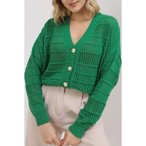 Kadın Yeşil Yazlık Delikli Düğmeli Hırka