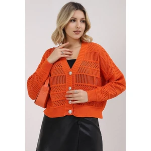 Kadın Turuncu Yazlık Delikli Düğmeli Hırka