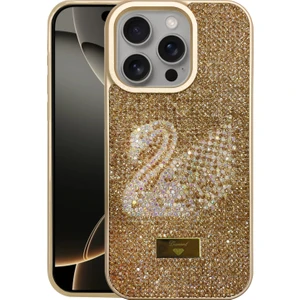 Apple iPhone 16 Pro Kılıf Kuğu Desenli Taşlı Içi Kadife Silikon