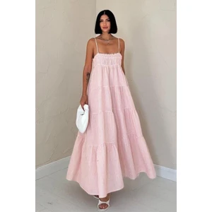 Ip Askılı Çizgili Gipe Detaylı Kumaş Yazlık Elbise 4201