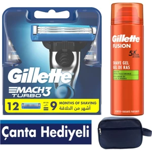 Mach3 Turbo 12 Li Yedek Tıraş Bıçağı + Gillette  Fusion 200 ml JEL + Çanta