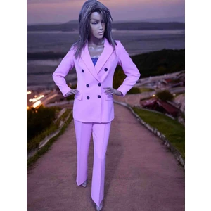 Moda Yiğit Pembe Kadın Blezar Ceket Geniş Paça Yüksek Bel Pantolon Takım Elbise