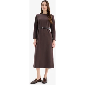 Regular Fit Bisiklet Yaka Basic Düz Kemerli Uzun Kollu Selanik Kumaş Midi Elbise E5790AX25SP