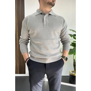 Erkek Düğmeli Polo Yaka Kazak Gri EDW231