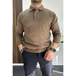 Erkek Düğmeli Polo Yaka Kazak Kahverengi EDW231