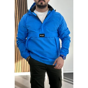 Erkek Slim Fit Krinkıl Kumaş Kanguru Cepli Yarım Fermuarlı Yağmurluk Mont Mavi EDW077