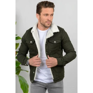 Erkek Slim Fit Cepli Içi Kürklü Düğmeli Kot Ceket Yeşil PR113