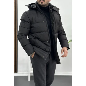 Erkek İçi Polarlı Slim Fit Kapüşonlu Şişme Mont Siyah Edw010