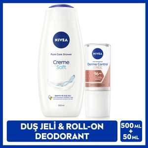 Kadın Creme Soft Duş Jeli 500ml ve Roll-on Deodorant Derma Control Clinical 50ml, 96 Saat Ter Koruma