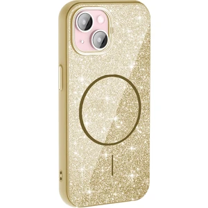Case 4U iPhone 15 Plus Kılıf Magsafe Şarj Özellikli Parlayan Simli Okso Kapak Gold