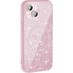 Case 4U iPhone 15 Plus Kılıf Magsafe Şarj Özellikli Parlayan Simli Okso Kapak Pembe