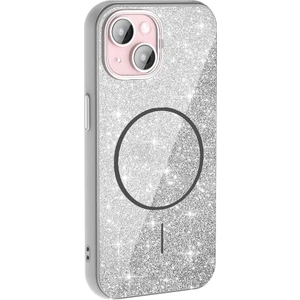 Case 4U iPhone 15 Plus Kılıf Magsafe Şarj Özellikli Parlayan Simli Okso Kapak Beyaz