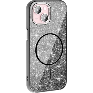 Case 4U iPhone 15 Kılıf Magsafe Şarj Özellikli Parlayan Simli Okso Kapak Siyah