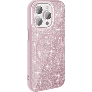 Case 4U iPhone 15 Pro Kılıf Magsafe Şarj Özellikli Parlayan Simli Okso Kapak Pembe