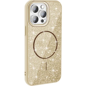 Case 4U iPhone 14 Pro Max Kılıf Magsafe Şarj Özellikli Parlayan Simli Okso Kapak Gold