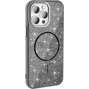 Case 4U iPhone 14 Pro Max Kılıf Magsafe Şarj Özellikli Parlayan Simli Okso Kapak Siyah