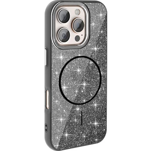 Case 4U iPhone 16 Pro Max Kılıf Magsafe Şarj Özellikli Parlayan Simli Okso Kapak Siyah