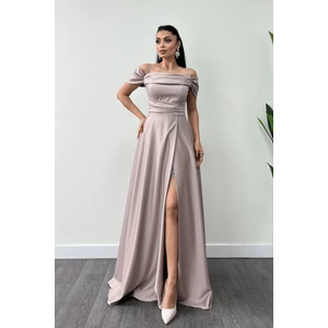 Saten Kumaş Büzgülü Askılı Abiye Elbise - Bej