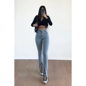 Kadın Yüksek Bel Mavi Kar Yıkama Ispanyol Paça Önü Yırtmaçlı Jean Pantolon