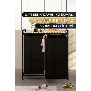 Çamaşır Sepeti Kirli Sepeti Ahşap Banyo Dolabı Büyük Boy Geniş 2 Bölmeli Kumaş Kirli Sepeti