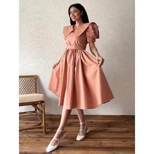 Somon Büyük Yakalı Kloş Poplin Elbise